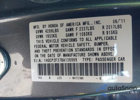 2011 Honda Accord 2.4 Lx z USA, uszkodzony, nr VIN 1HGCP2F37BA136999
